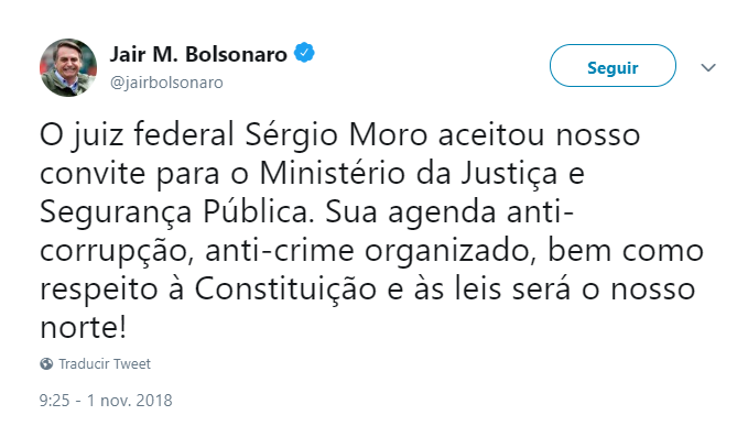Bolsonaro tuiteó sobre la aceptación de Moro para el ministerio de Justicia. (@jairbolsonaro)