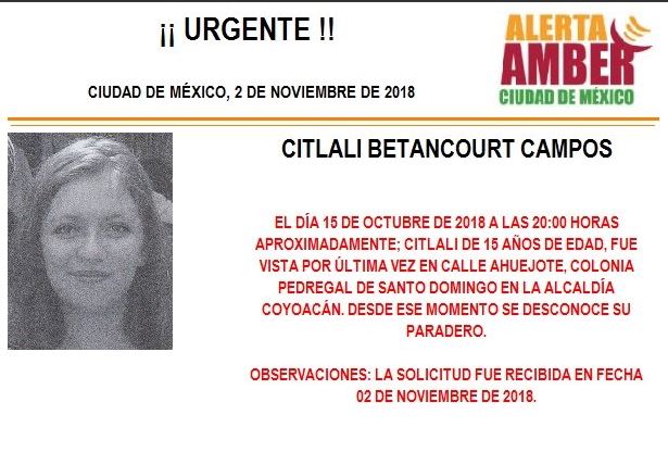 Alerta Amber: Piden ayuda para localizar a Citlali Betancourt Campos