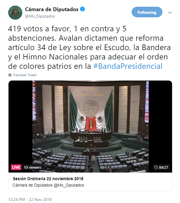 Diputados aprueban dictamen para modificar orden de colores de la banda presidencial