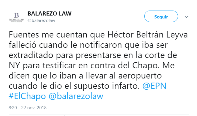 Eduardo Balarezo tuitea sobre la muerte de Beltrán Leyva. (@balarezolaw)