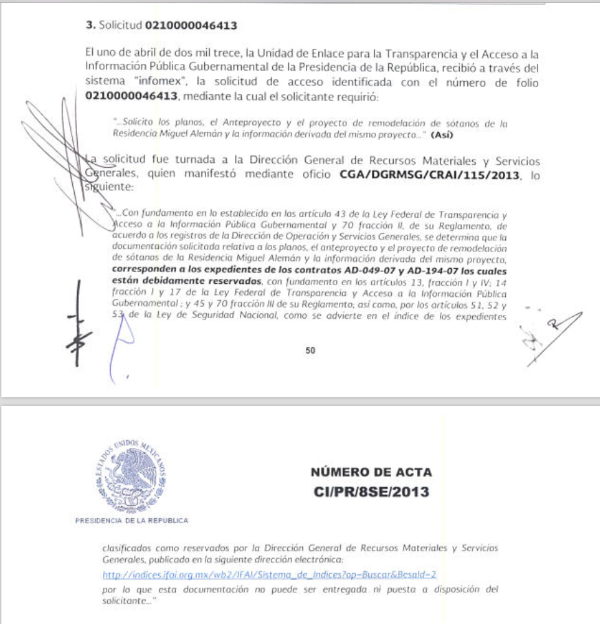 El documento oficial en el que se ratifica que los planos del sótano hecho por Calderón en la casa Miguel Alemán se encuentran bajo reserva (SinEmbargo)