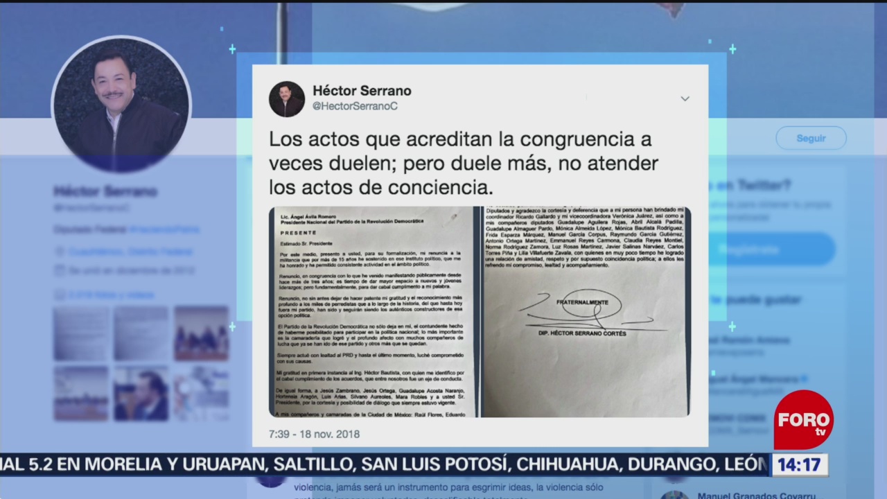 Héctor Serrano renuncia al PRD