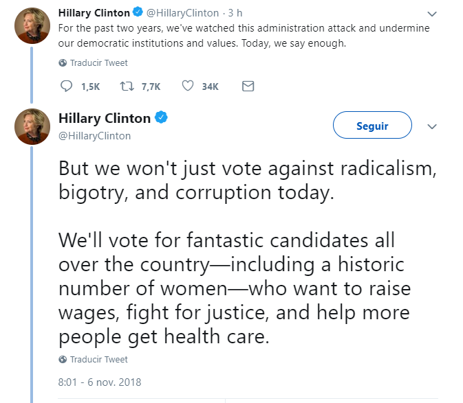 Hillary Clinton tuitea sobre las elecciones en Estados Unidos. (@HillaryClinton)