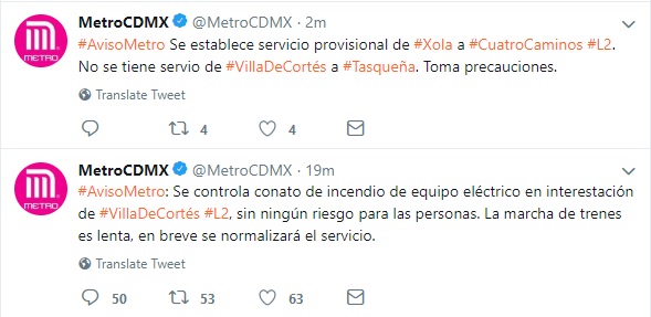 Incendio afecta servicio de la Línea 2 del Metro en Xola y Villa de Cortés