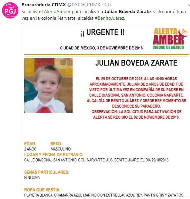 Alerta Amber: Ayuda a localizar a Julián Bóveda Zárate