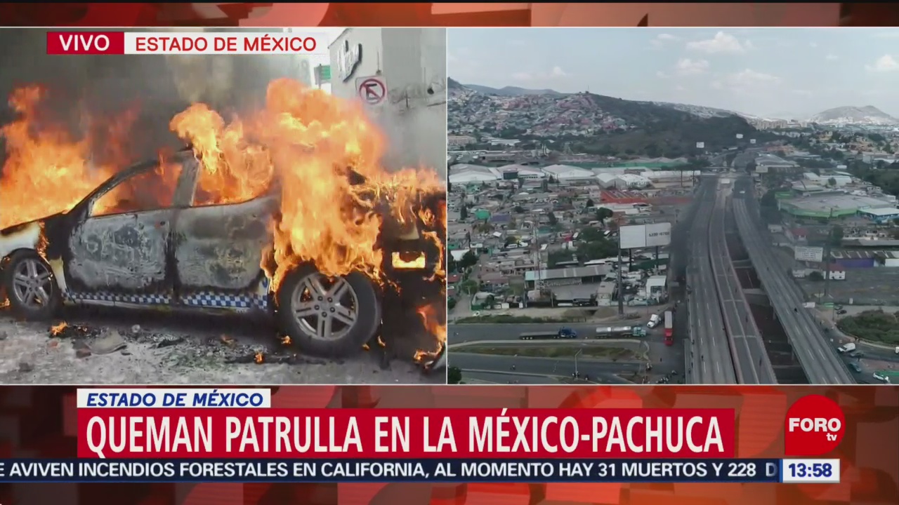 Manifestantes detienen patrulla y la queman en la autopista México-Pachuca