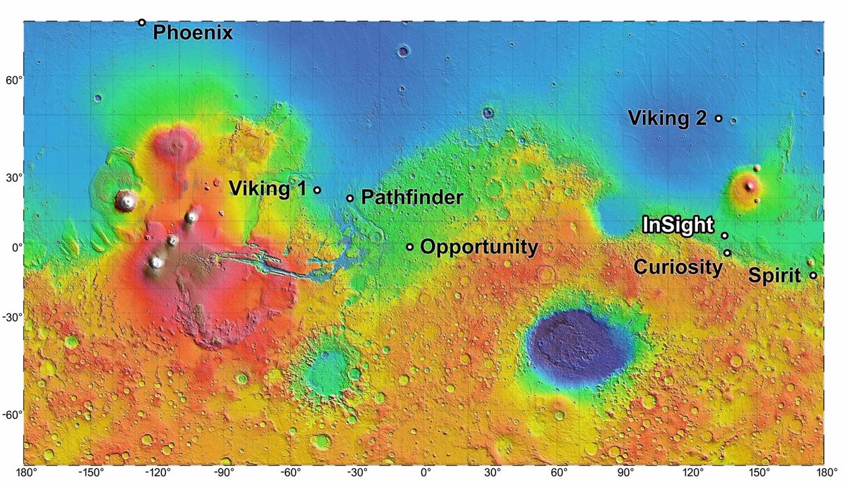 Mapa topográfico que muestra el lugar de aterrizaje de InSight en relación con los lugares de aterrizaje de misiones previas (NASA JPL-Caltech)