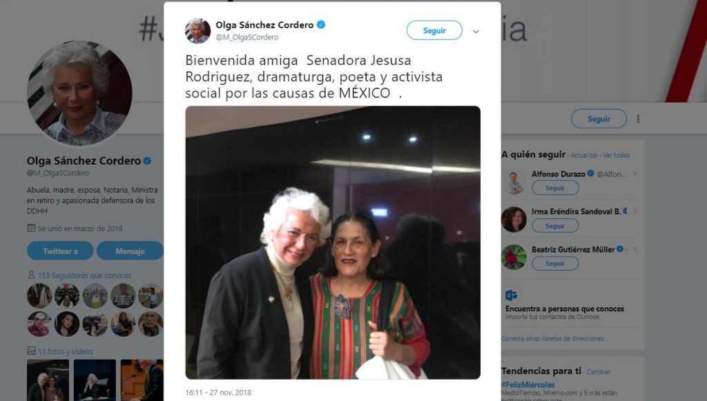 Olga Sánchez Cordero da la bienvenida a Jesusa como senadora
