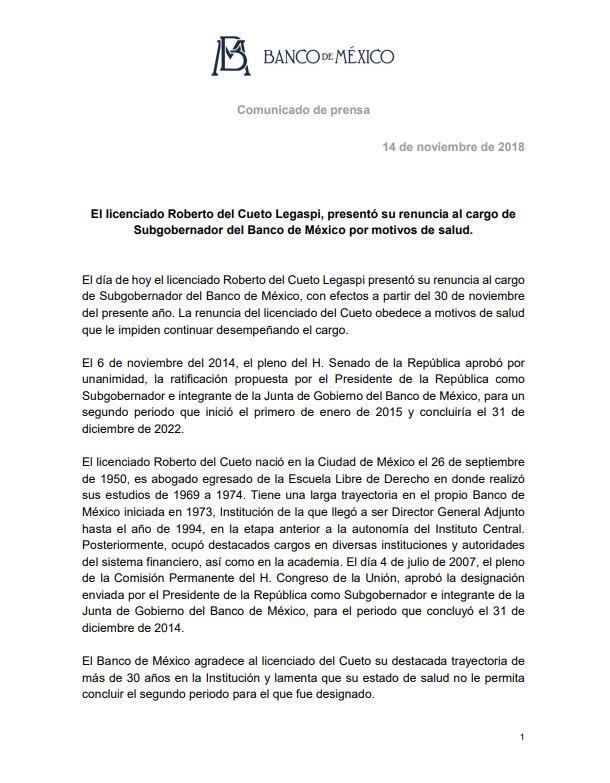 Roberto del Cueto, subgobernador de Banxico renuncia