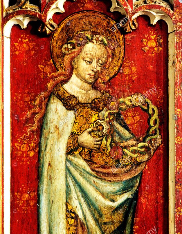 Santa Cecilia, representada orante y con una corona de martirio en un retablo medieval de Norfolk (Alamy)