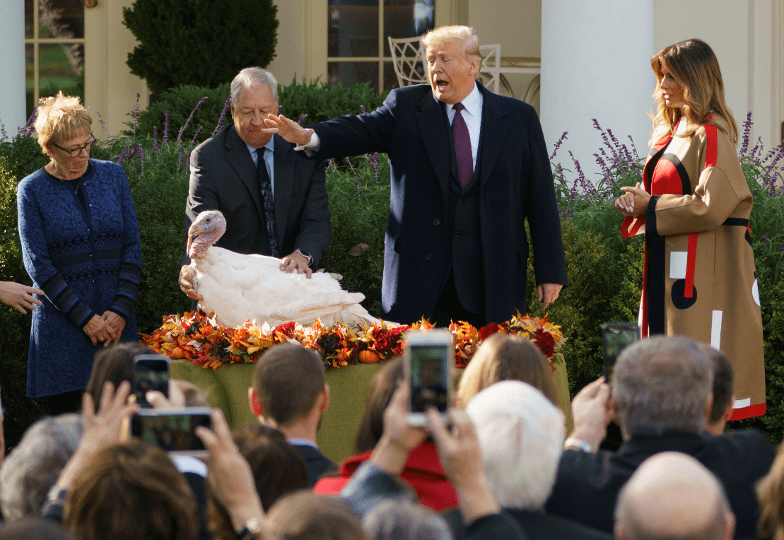 Trump estuvo acompañado por su esposa Melania durante el indulto al pavo. (AP) 