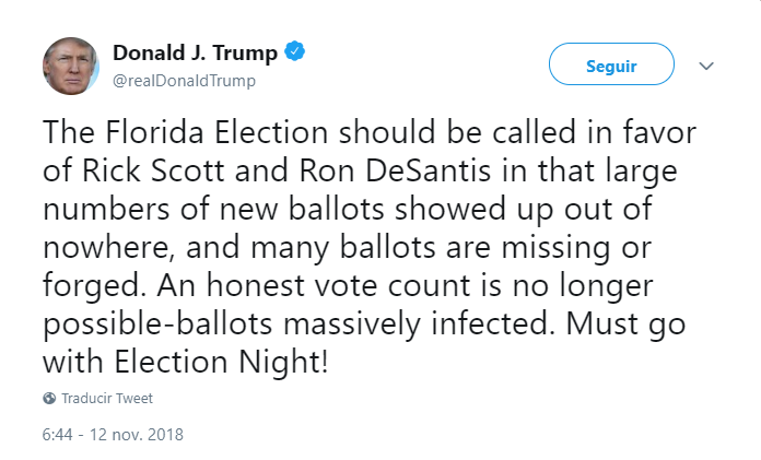 Trump tuitea sobre elecciones en Florida. (@realDonaldTrump)
