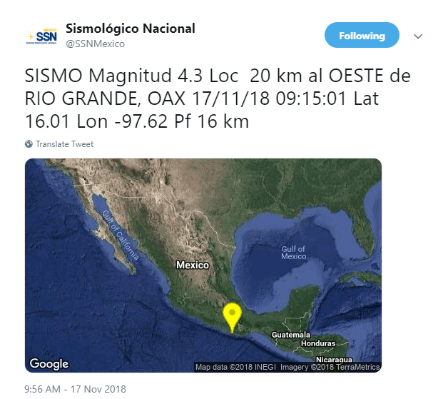 Sismo de magnitud 4.3 sacude Oaxaca