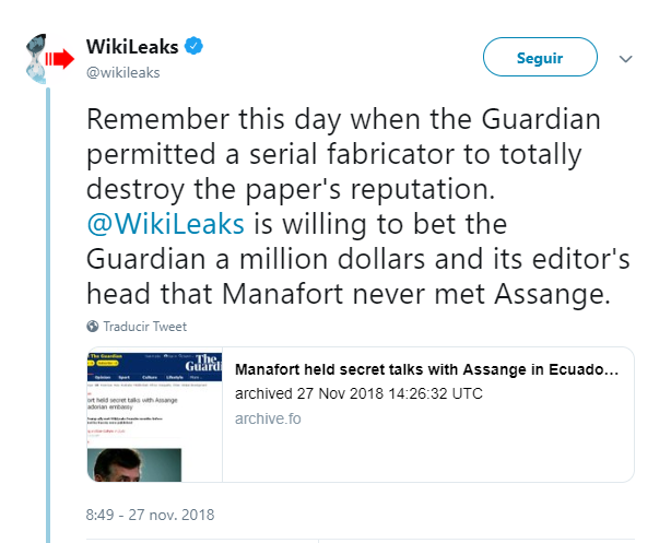 Wikileaks niega versiones de The Guardian. (@wikileaks)