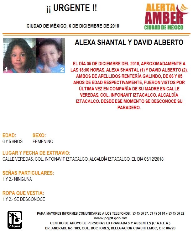 Alerta Amber para localizar a Alexa Shantal y David Alberto