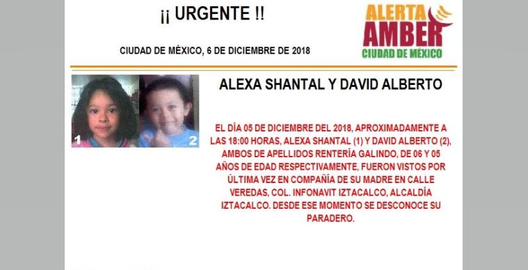 Alerta Amber para localizar a Alexa Shantal y David Alberto Rentería Galindo