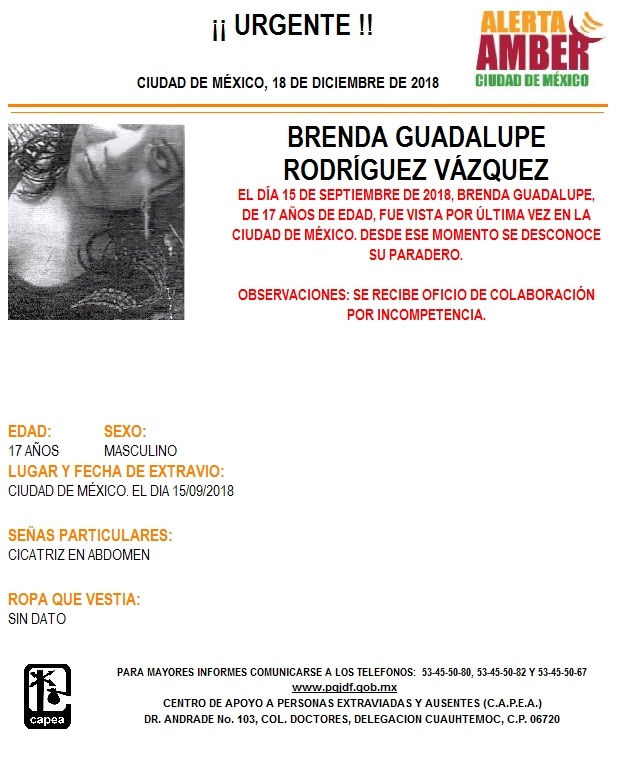 Alerta Amber para localizar a Brenda Guadalupe Rodríguez