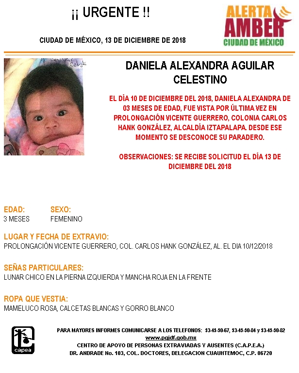 Alerta Amber para localizar a Daniela Alexandra Aguilar
