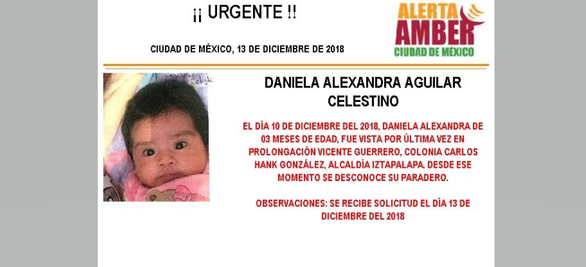 Alerta Amber para localizar a Daniela Alexandra Aguilar