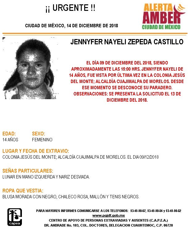 Alerta Amber para localizar a Jennyfer Nayeli Zepeda Castillo