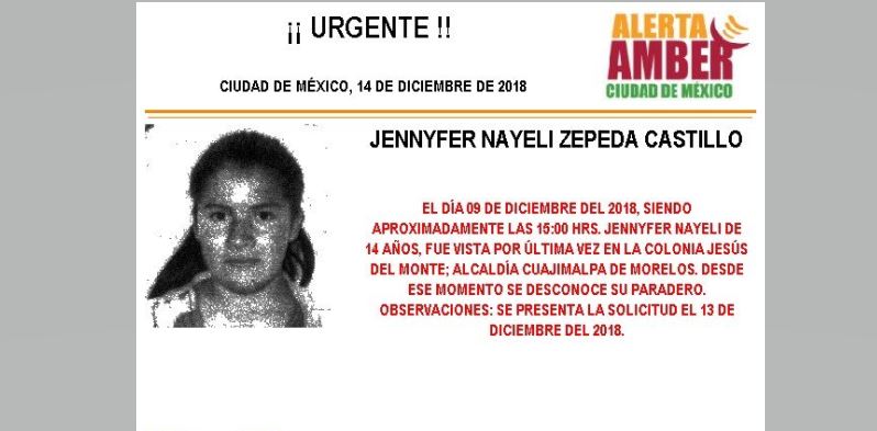 Alerta Amber para localizar a Jennyfer Nayeli Zepeda Castillo