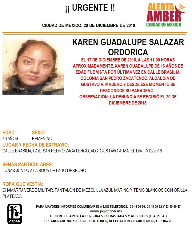Alerta Amber para localizar a Karen Guadalupe Salazar