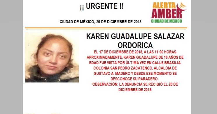 Alerta Amber para localizar a Karen Guadalupe Salazar