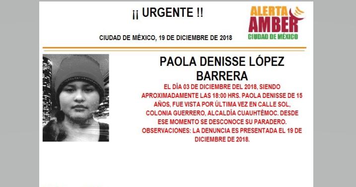 Alerta Amber para localizar a Paola Denisse López Barrera