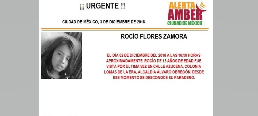 Alerta Amber: Ayuda a localizar a Rocío Flores Zamora