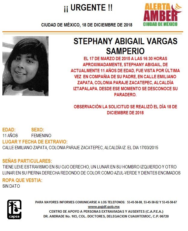 Alerta Amber para localizar a Stephany Abigaíl Vargas Samperi