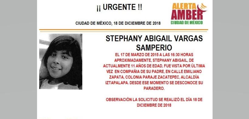 Alerta Amber para localizar a Stephany Abigaíl Vargas Samperi