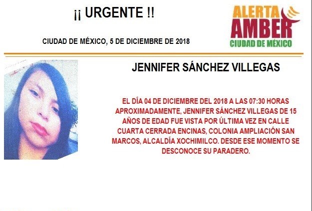 Alerta Ámber: Piden ayuda para localizar a Jennifer Sánchez Villegas