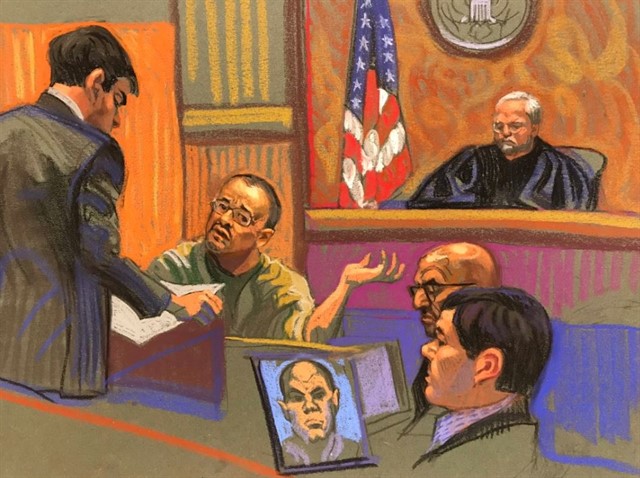 Boceto de el capo colombiano Jorge Cifuentes 'El J' durante su declaración en la corte de Brooklyn (Reuters)