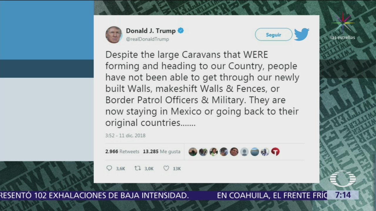 Caravanas migrantes no han podido atravesar los muros, dice Donald Trump