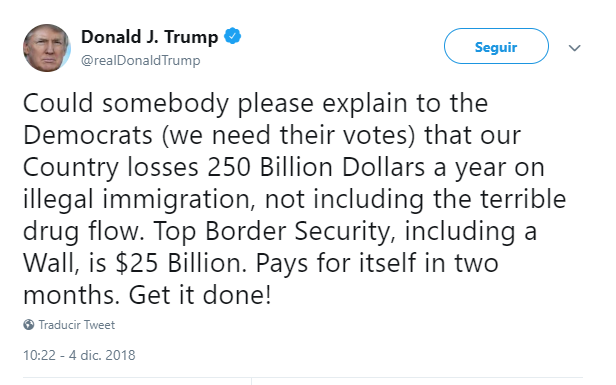 Donald Trump tuitea sobre el muro fronterizo. (@realDonaldTrump)