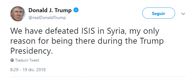 Donald Trump tuitea sobre sus tropas en Siria. (@realDonaldTrump)