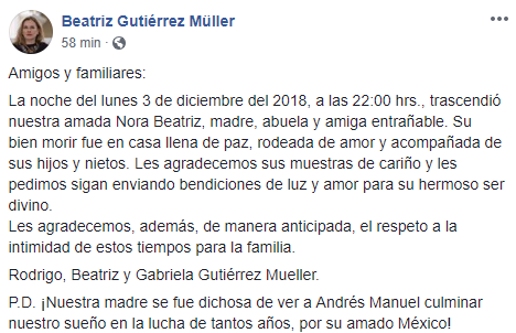 Muere suegra de AMLO en Puebla