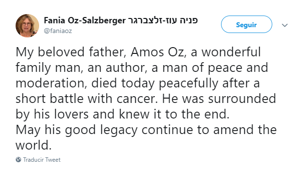 Fania Oz-Salzberg anuncia la muerte de su padre. (@faniaoz)