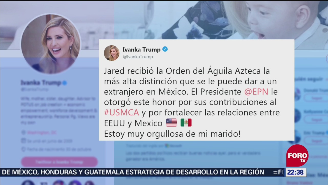 Ivanka Trump agradece distinción de México a Jared Kushner