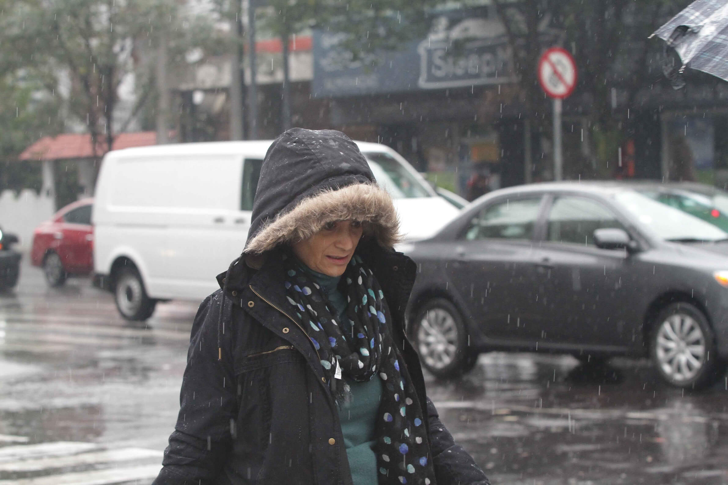 Foto: Una mujer se proteg de la lluvia y el viento, 2 febrero 2019