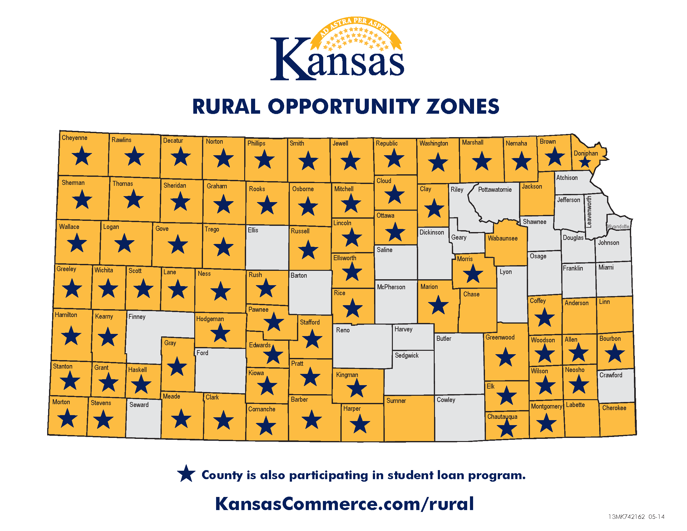 Los condados de Kansas que tienen una estrella en este mapa participan en el programa de ayuda para el pago de préstamos estudiantiles (KansasCommerce)