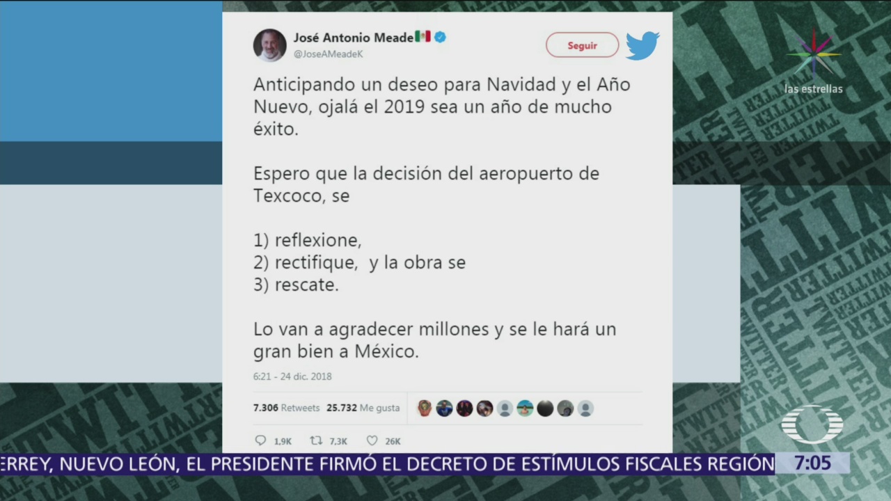 Meade pide reflexionar decisión de cancelar NAIM en Texcoco