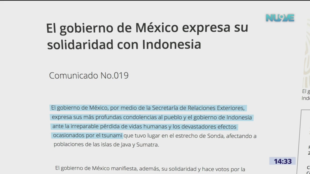 México expresa condolencias a Indonesia por tsunami