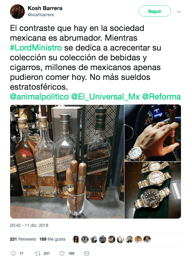 Otros ciudadanos hicieron énfasis en los contrastes socioeconómicos que existen en México, apodando a Serrano como LordMinistro (Twitter @koshbarrera)