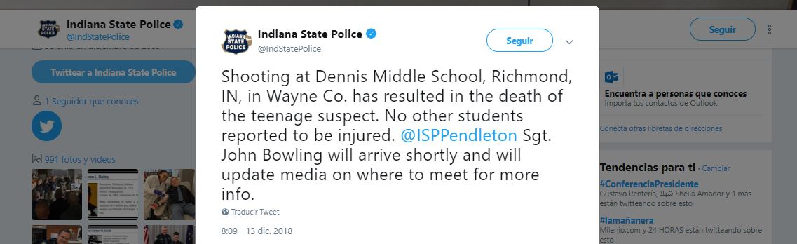 Policía de Indiana en Twitter confirma que muere una person