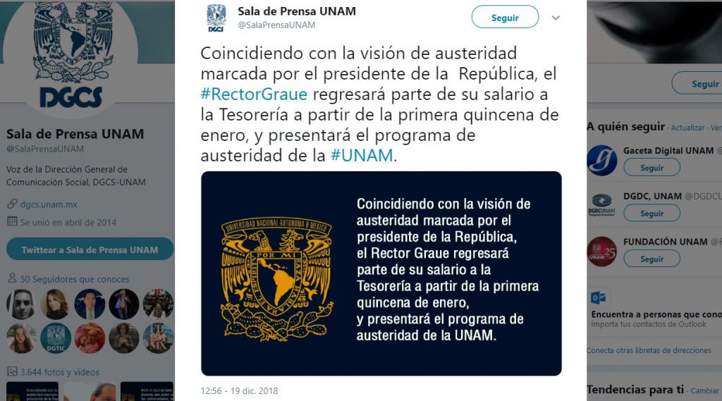 Rector de la UNAM regresará parte de su salario