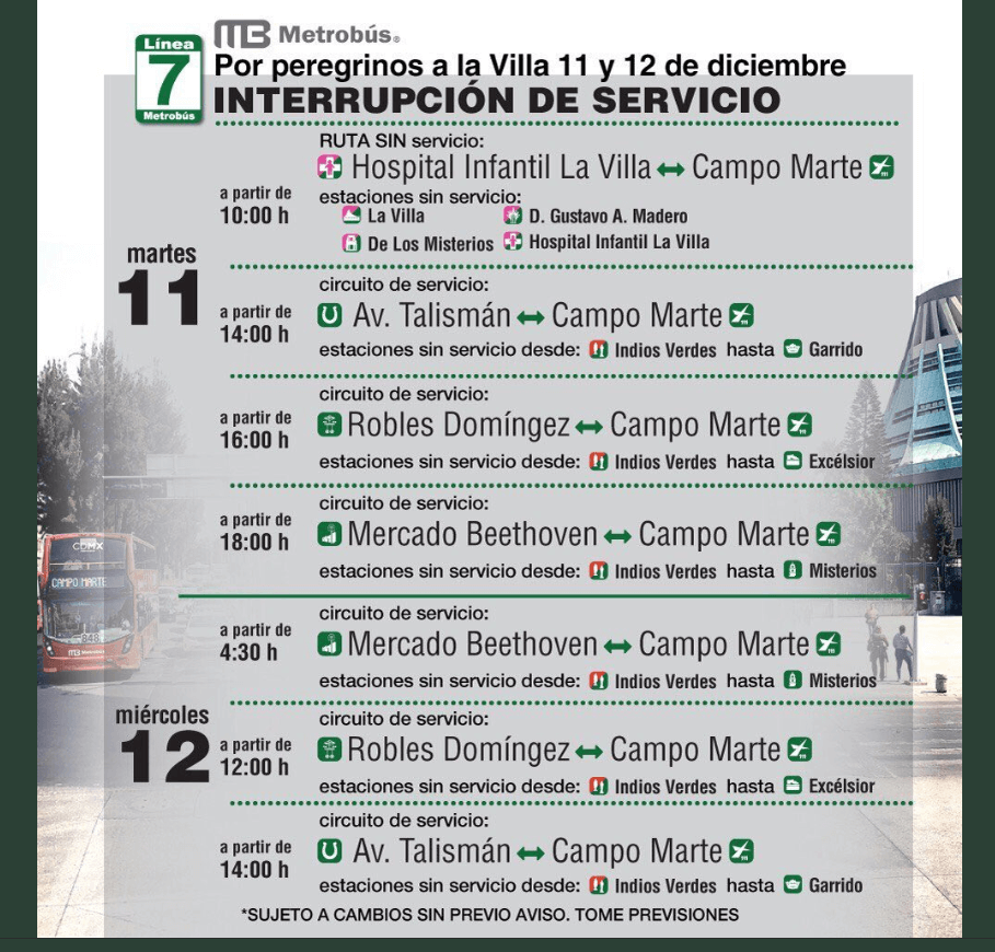 Servicio línea 7 del Metrobús por 12 de diciembre. (@MetrobusCDMX)