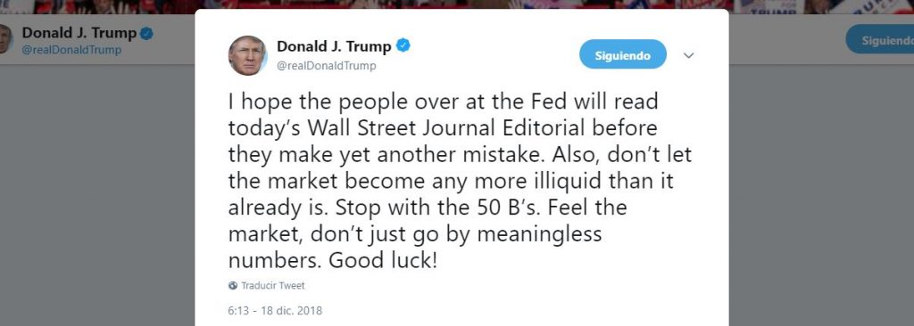 Trump advierte a la Fed que no cometa un nuevo error