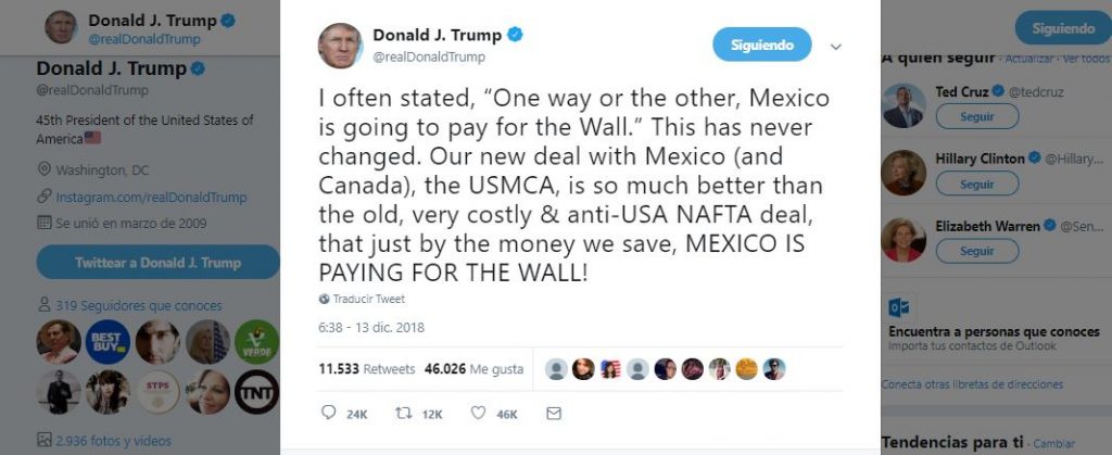 Trump afirma en Twitter que México pagará por el muro