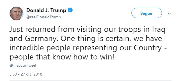Trump escribe sobre su visita sorpresa a Irak. (@realDonaldTrump)
